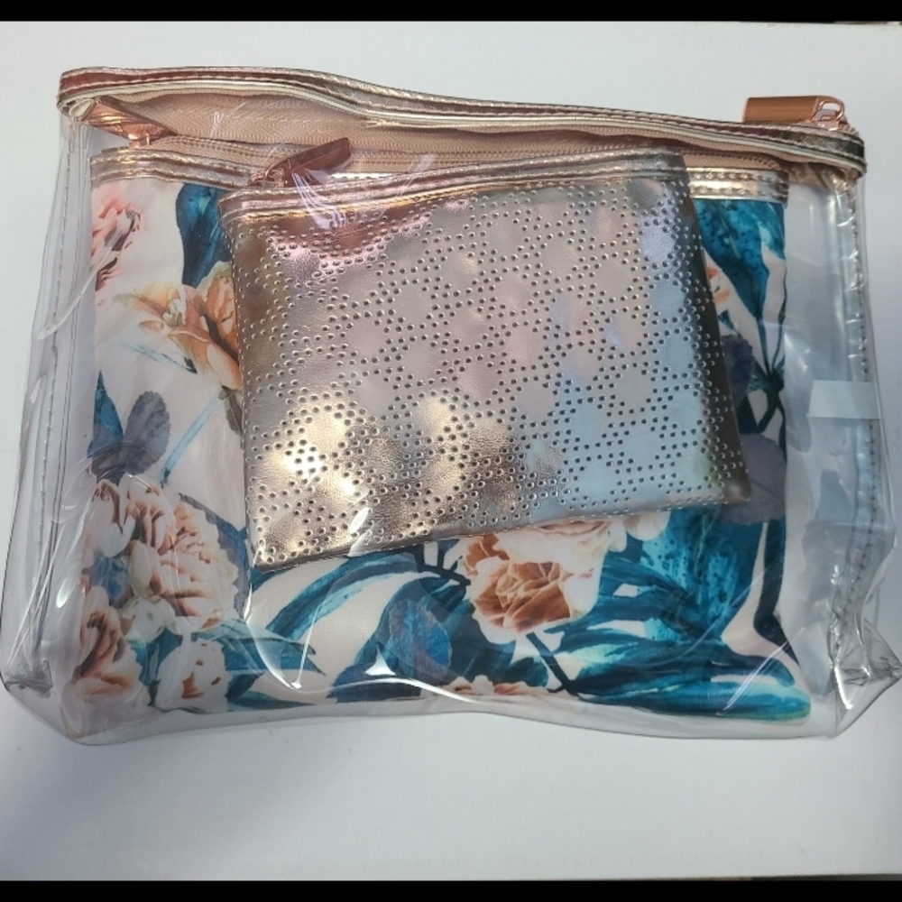 Clear + Floral Cosmetic Pouch Set with Metallic Rose Accent
